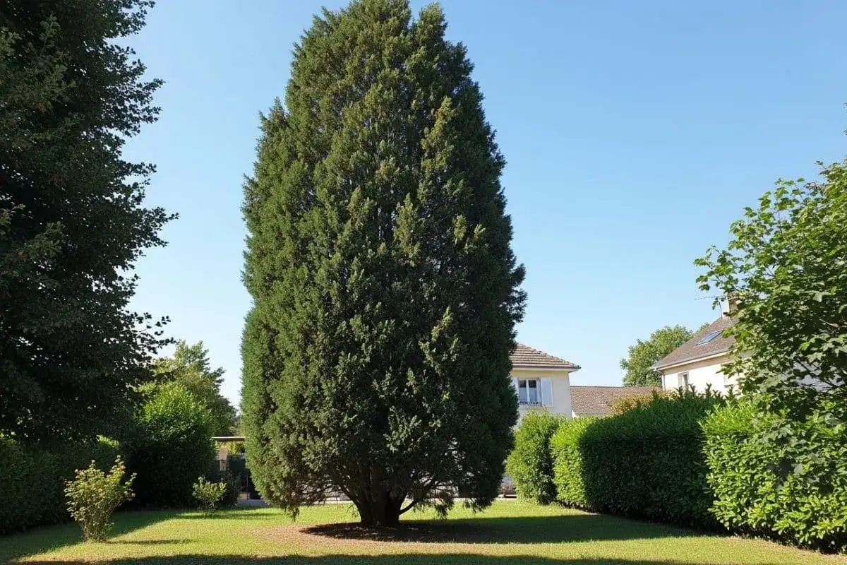 Un grand cyprès domine un jardin verdoyant. Ses inconvénients : il peut devenir envahissant et ombrager le voisinage.