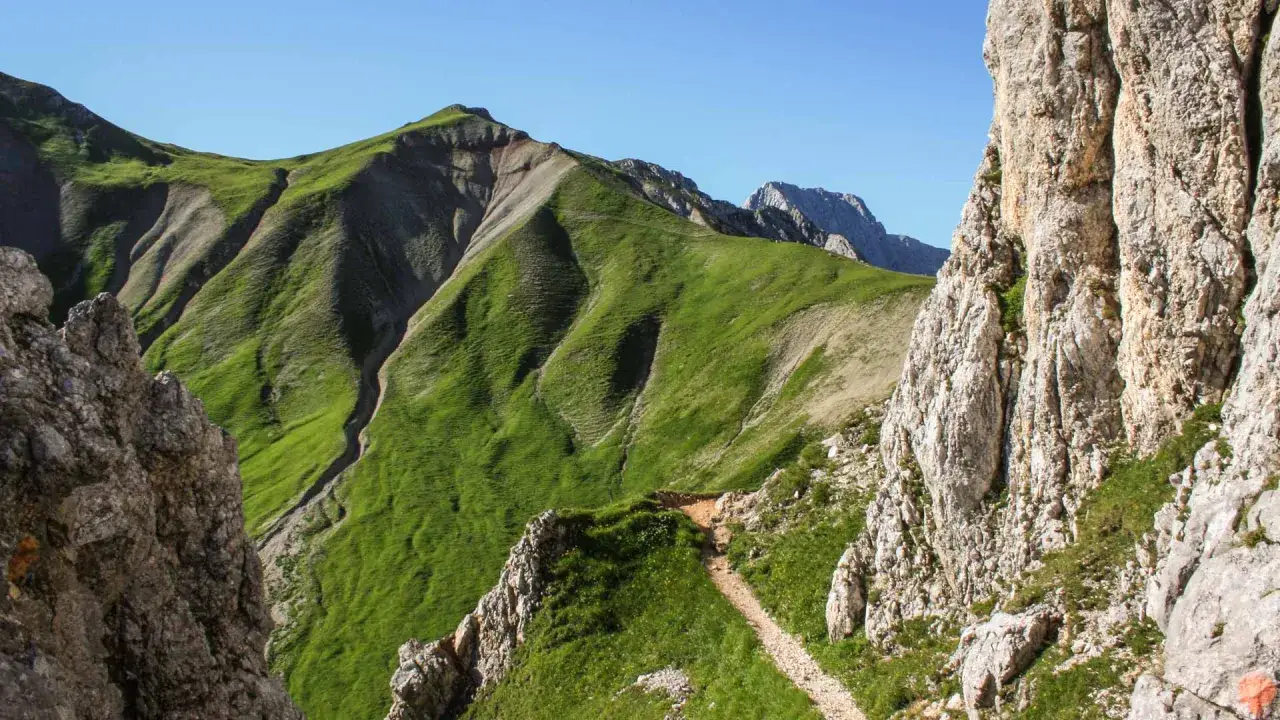 Gr&uuml;ne Bergh&auml;nge und Felsen auf dem Weg zur Zugspitze ohne Klettersteig. Ein Pfad schl&auml;ngelt sich durch die Natur.