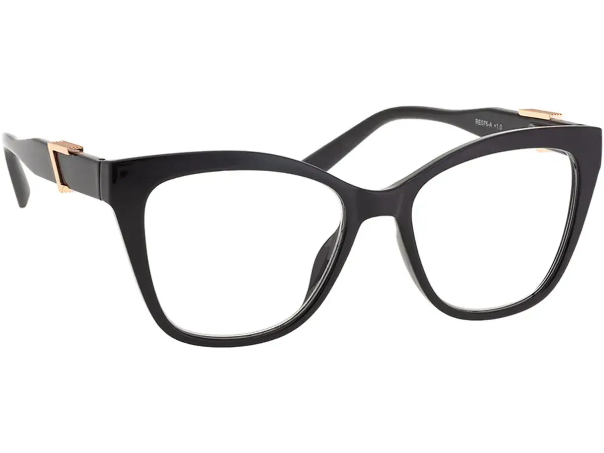 Eleganckie okulary do czytania z czarnymi oprawkami i złotymi zdobieniami. Czy okulary do czytania to plusy czy minusy? Te dodają stylu!