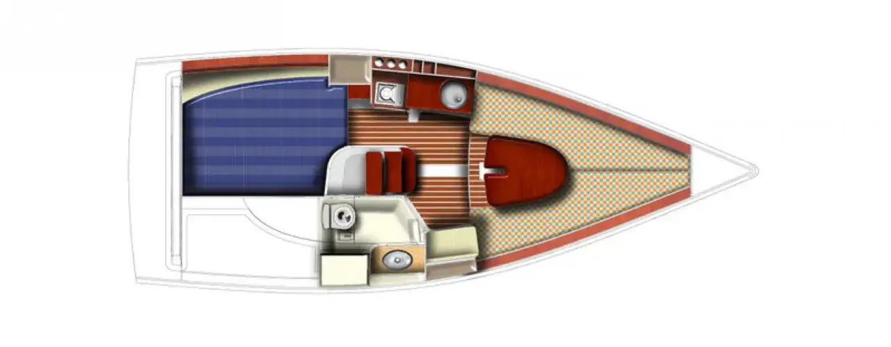 Plan d'un voilier avec cabine, lit, salle de bain et coin repas. Imaginez y passer vos journées au soleil, avec 2500 avis positifs !