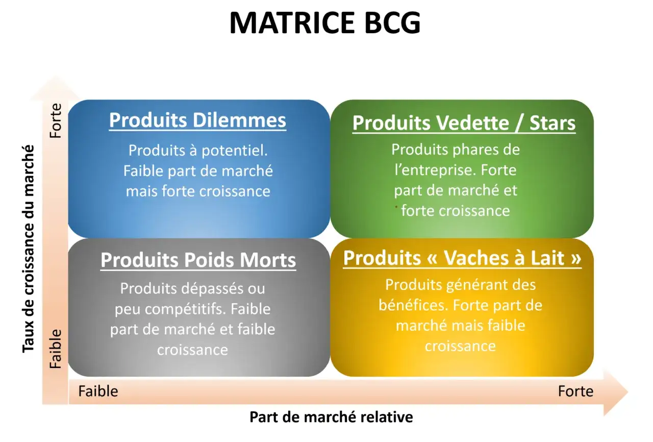 Matrice BCG illustrant quatre cat&eacute;gories de produits : Dilemmes, Vedettes, Poids Morts et Vaches &agrave; Lait, pour une **option strat&eacute;gique**.