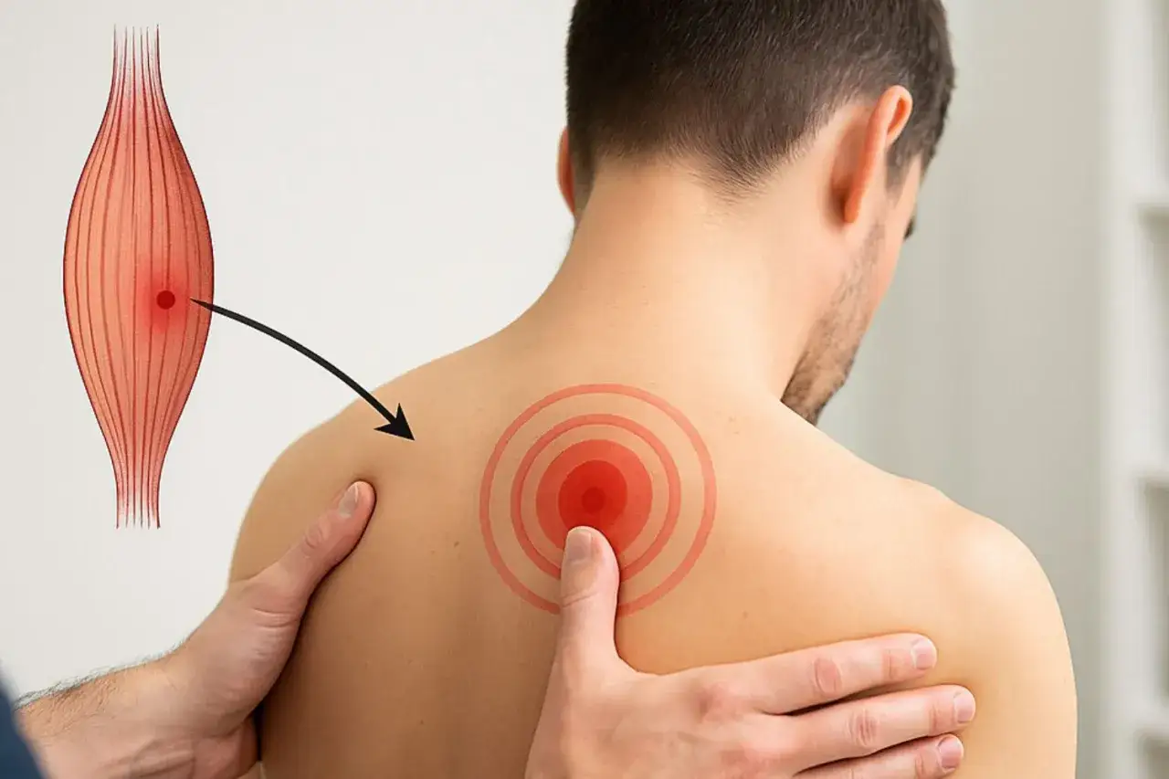 Une illustration montre un muscle avec une zone gâchette rouge. Une flèche pointe vers l'épaule d'un homme, où une douleur est indiquée par des cercles concentriques rouges.