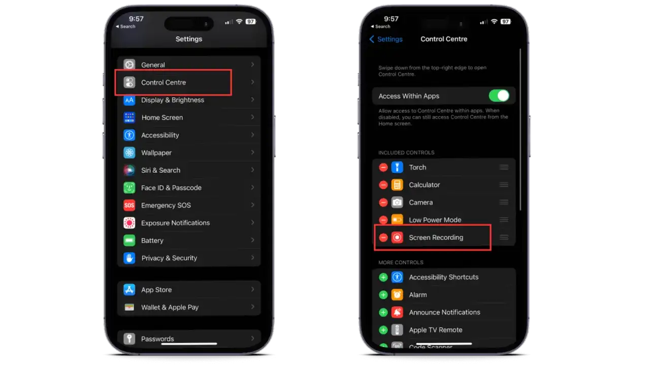 Ustawienia iPhone'a: Centrum sterowania, w tym opcja nagrywanie ekranu z dźwiękiem.