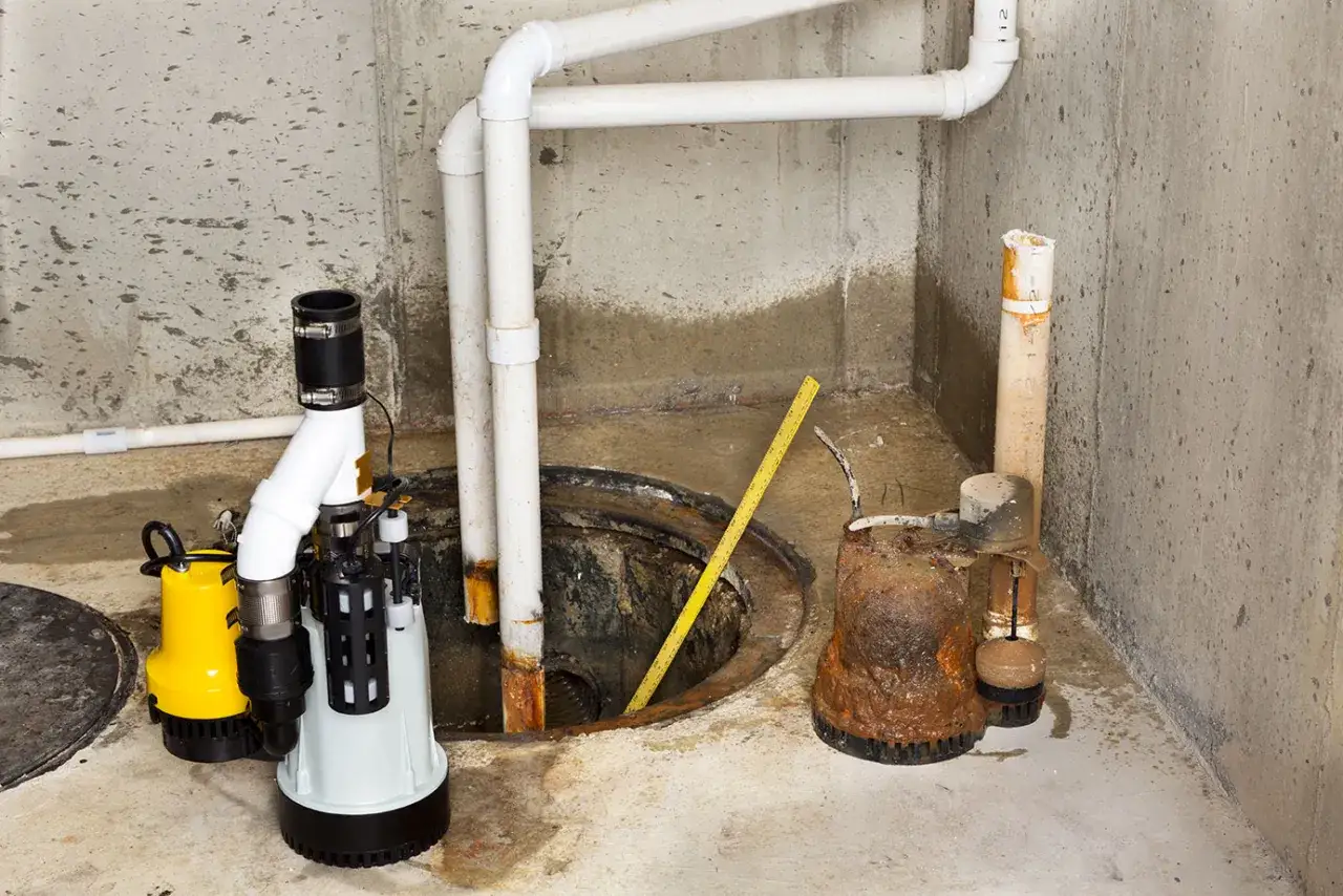 A new sump pump is installed next to an old, rusty one, ready to replace it. This shows how to replace a sump pump.