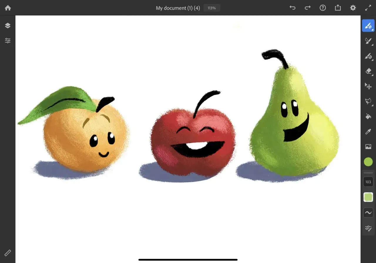 Tre glada frukter, en persika, ett &auml;pple och en p&auml;ron, m&aring;lade i Adobe Fresco.