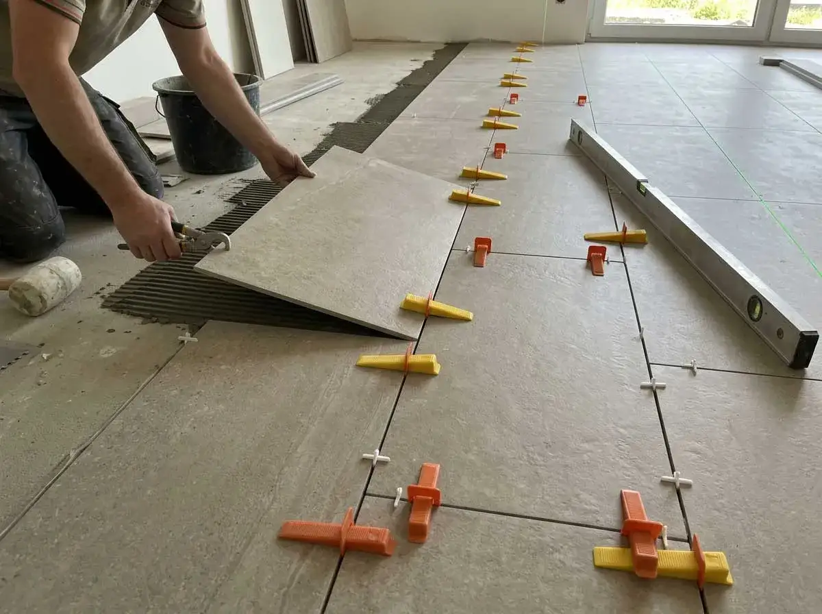 Un obrero coloca baldosas en el suelo, usando cuñas y nivel para asegurar una instalación perfecta.