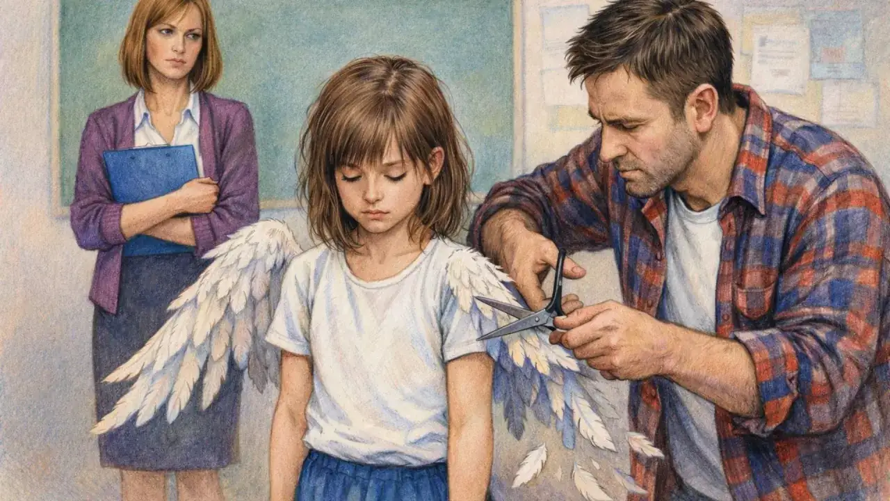 Ojciec obcina skrzydła córce, podczas gdy matka patrzy z boku. Ilustracja symbolizuje trudności w wychowaniu dzieci w wierze, gdy współmałżonek jest ateistą.