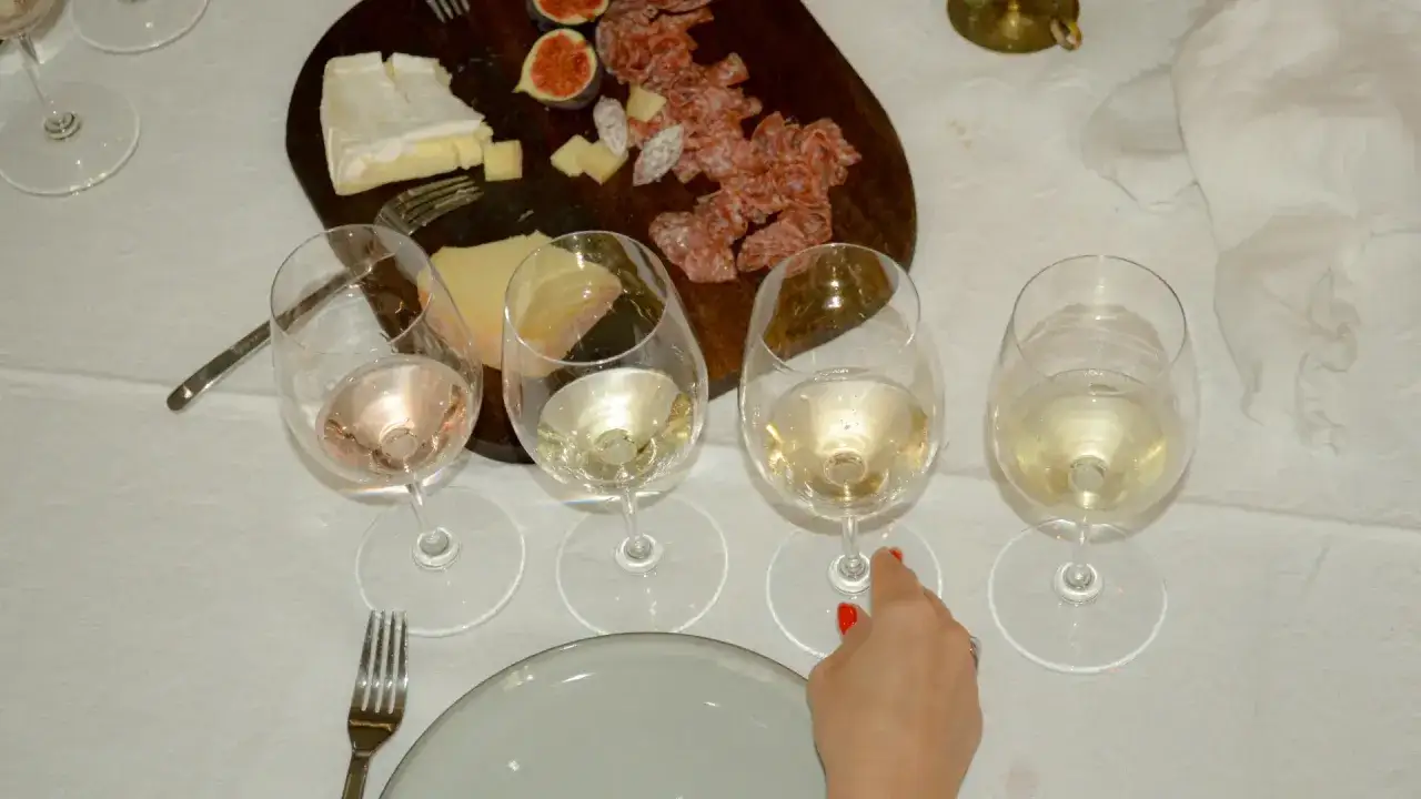 En hand med r&ouml;tt nagellack pekar p&aring; ett glas vin under en mysig vinprovning hemma. Ost och charkuterier ligger upplagda p&aring; ett fat.