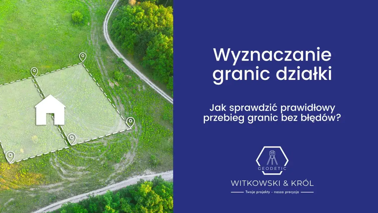 Wizualizacja wyznaczania granic działki z zaznaczonym domkiem i punktami pomiarowymi. Usługa wznowienia granic działki.