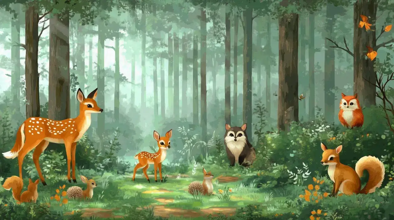 Bienvenue dans la forêt enchantée ! Cerfs, renards, écureuils et hérissons jouent dans une clairière baignée de lumière.