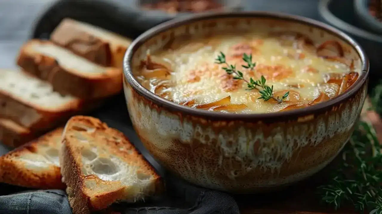 Un bol de soupe à l'oignon gratinée, avec du pain grillé et du thym. Une recette réconfortante pour les journées froides.