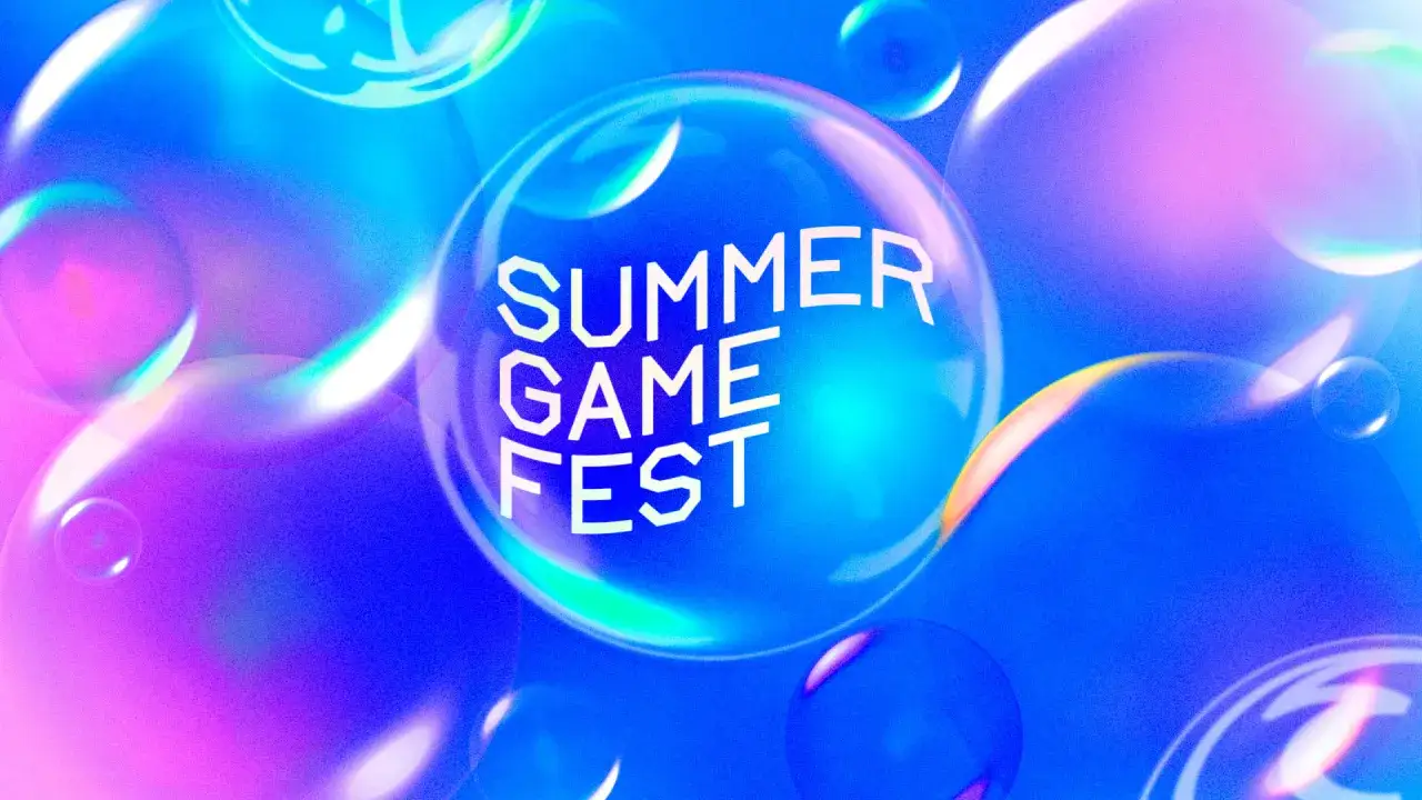 Anuncios Summer Game Fest flotando en burbujas iridiscentes, con un fondo azul vibrante y toques de rosa y morado.