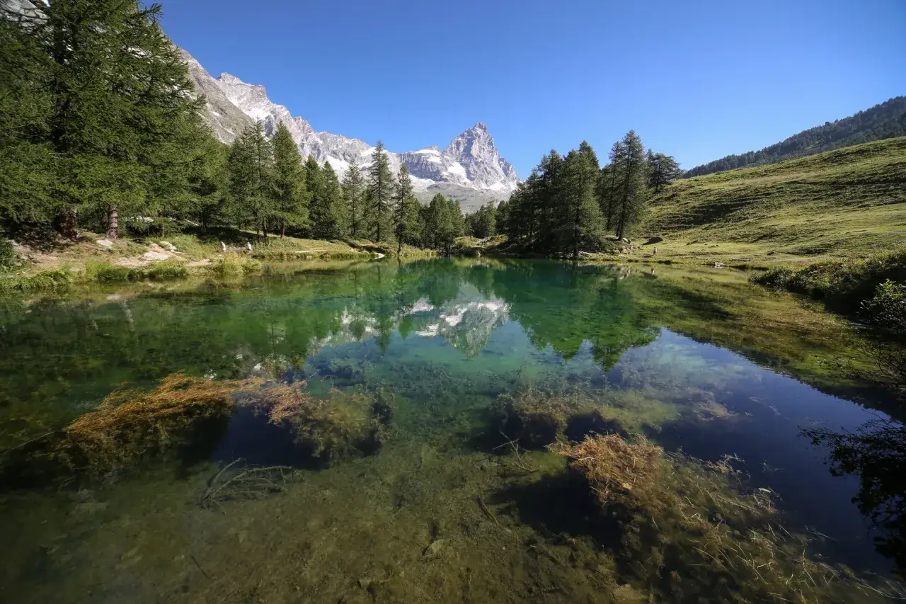 Riflessi alpini nel lago blu di Cervinia, con il Cervino maestoso sullo sfondo e la vegetazione rigogliosa che abbraccia le rive.