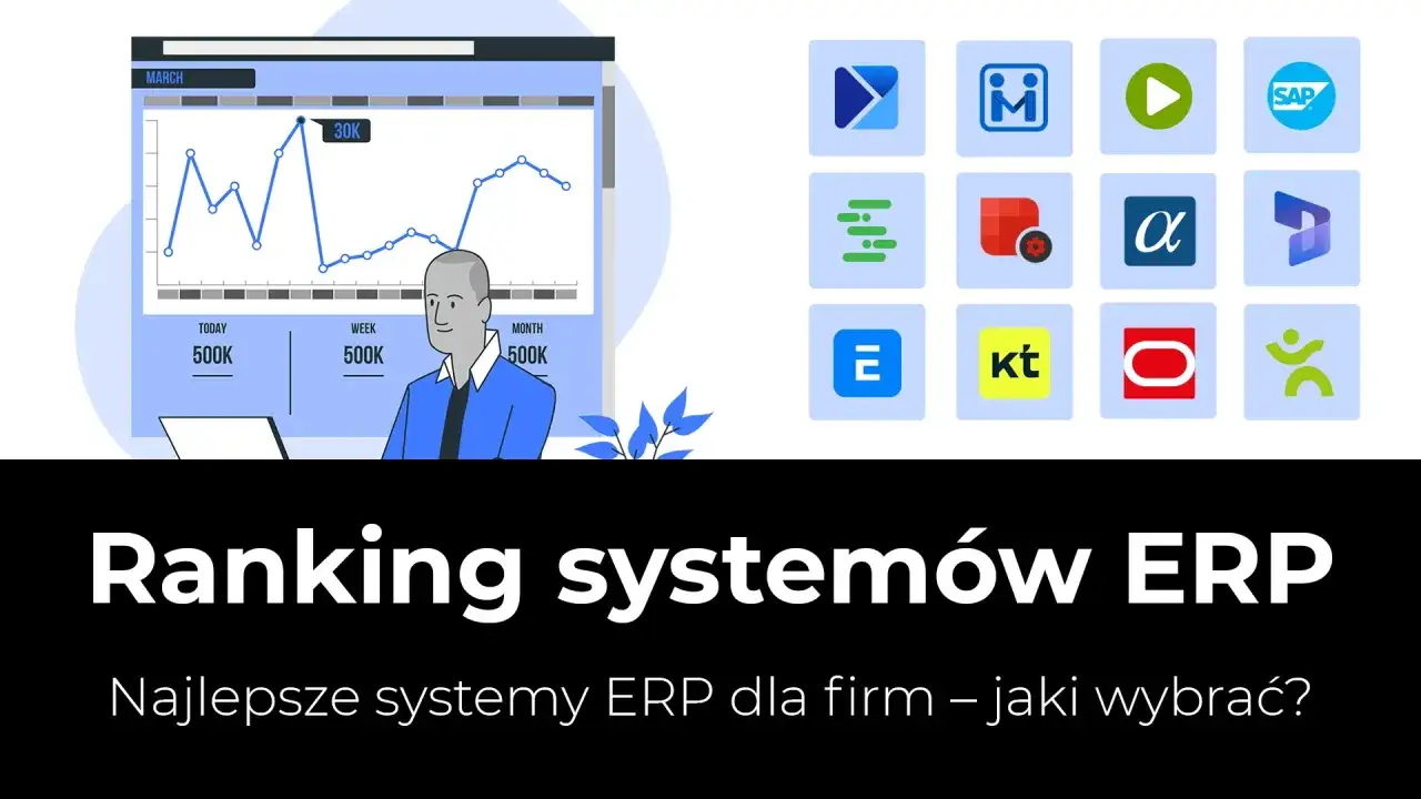 Grafika przedstawia ranking system&oacute;w ERP, z wykresem i ikonami r&oacute;żnych dostawc&oacute;w.