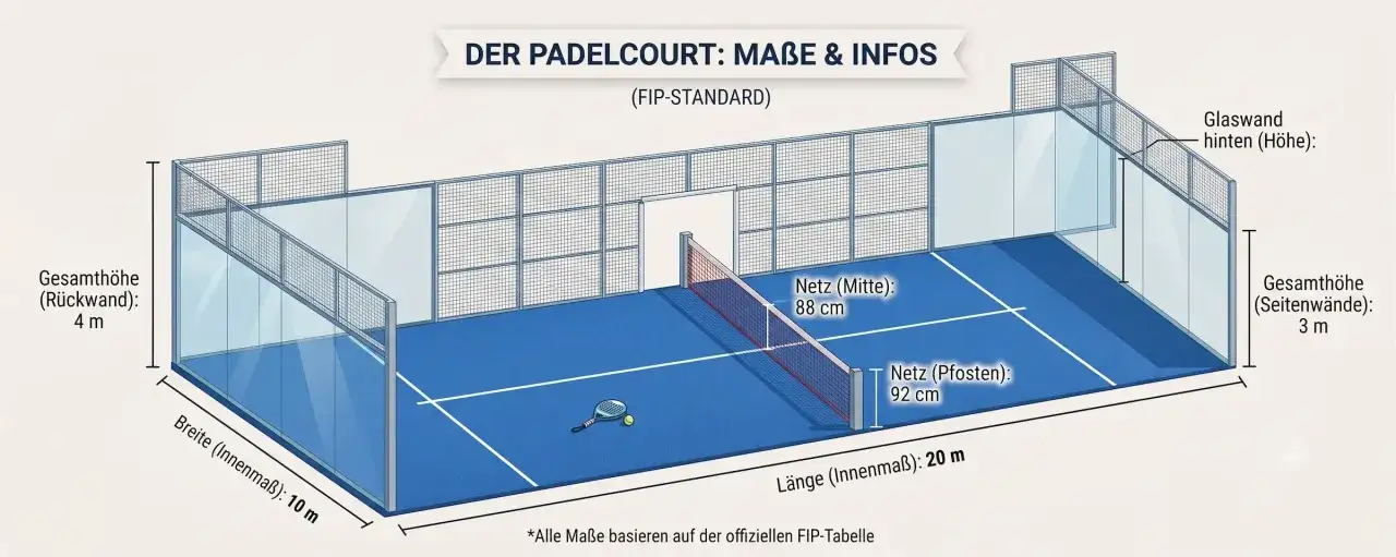 Illustration av en padelbana med mått och information. En racket och boll ligger på banan, redo för padel spel.