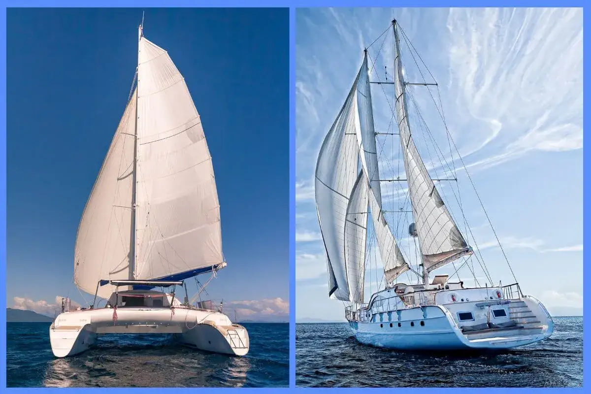 Catamarano bianco con vele gonfie e una barca a vela blu con più alberi e vele, navigano in un mare calmo sotto un cielo azzurro.