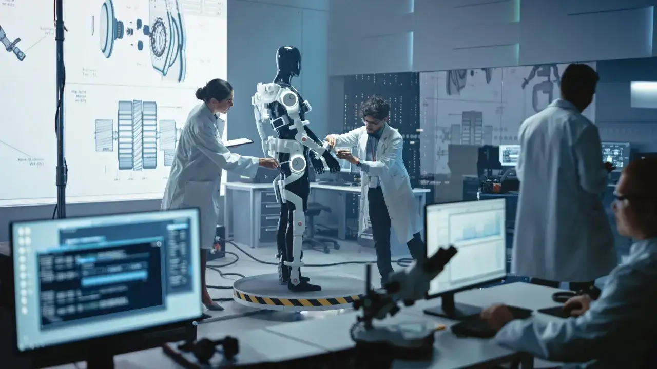 Naukowcy pracują nad robotem, badając jego mechanizmy. To przyszłość, gdzie można zarabiać na sztucznej inteligencji, tworząc innowacyjne rozwiązania.