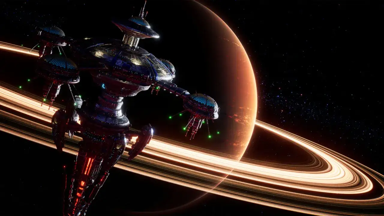 Stacja kosmiczna w pobliżu planety z pierścieniami, przypominająca scenę z gry System Shock.