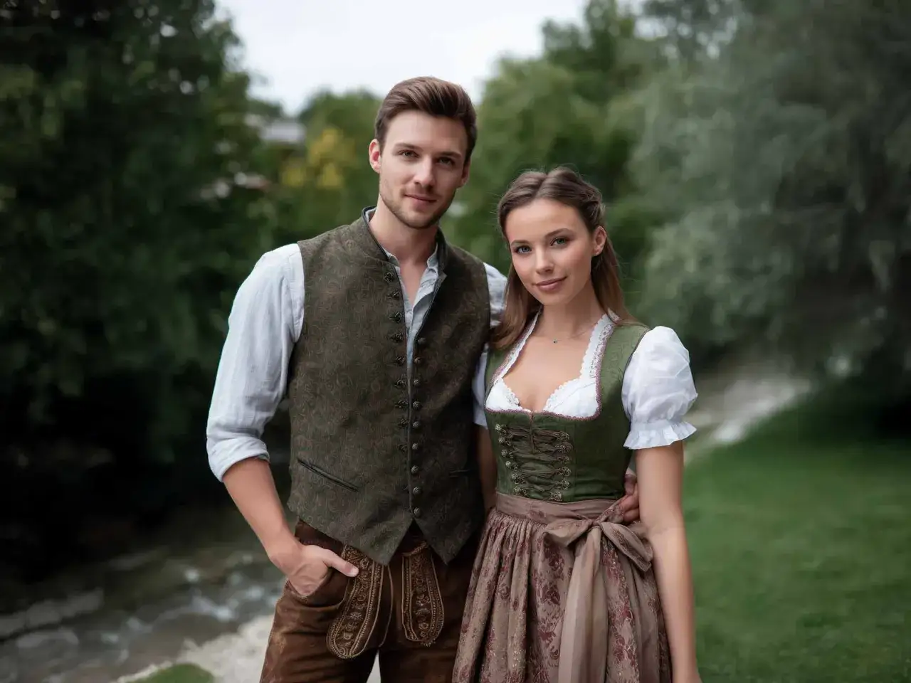 Ein Mann in Tracht und eine Frau im Dirndl, ihr Beziehungsstatus ist offensichtlich.