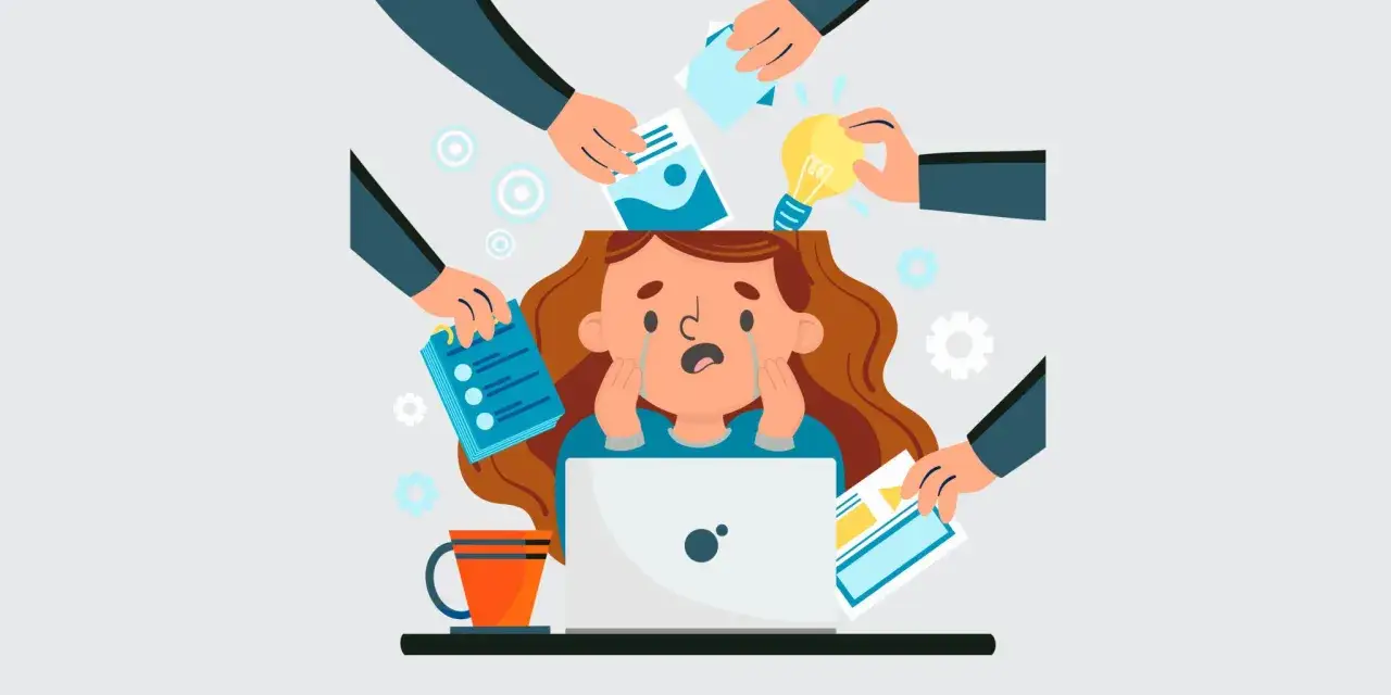 Überforderte Frau am Laptop, umgeben von Händen, die ihr Aufgaben und eine Glühbirne geben. Sie weint, ein Symbol für **Depression bei der Arbeit**.