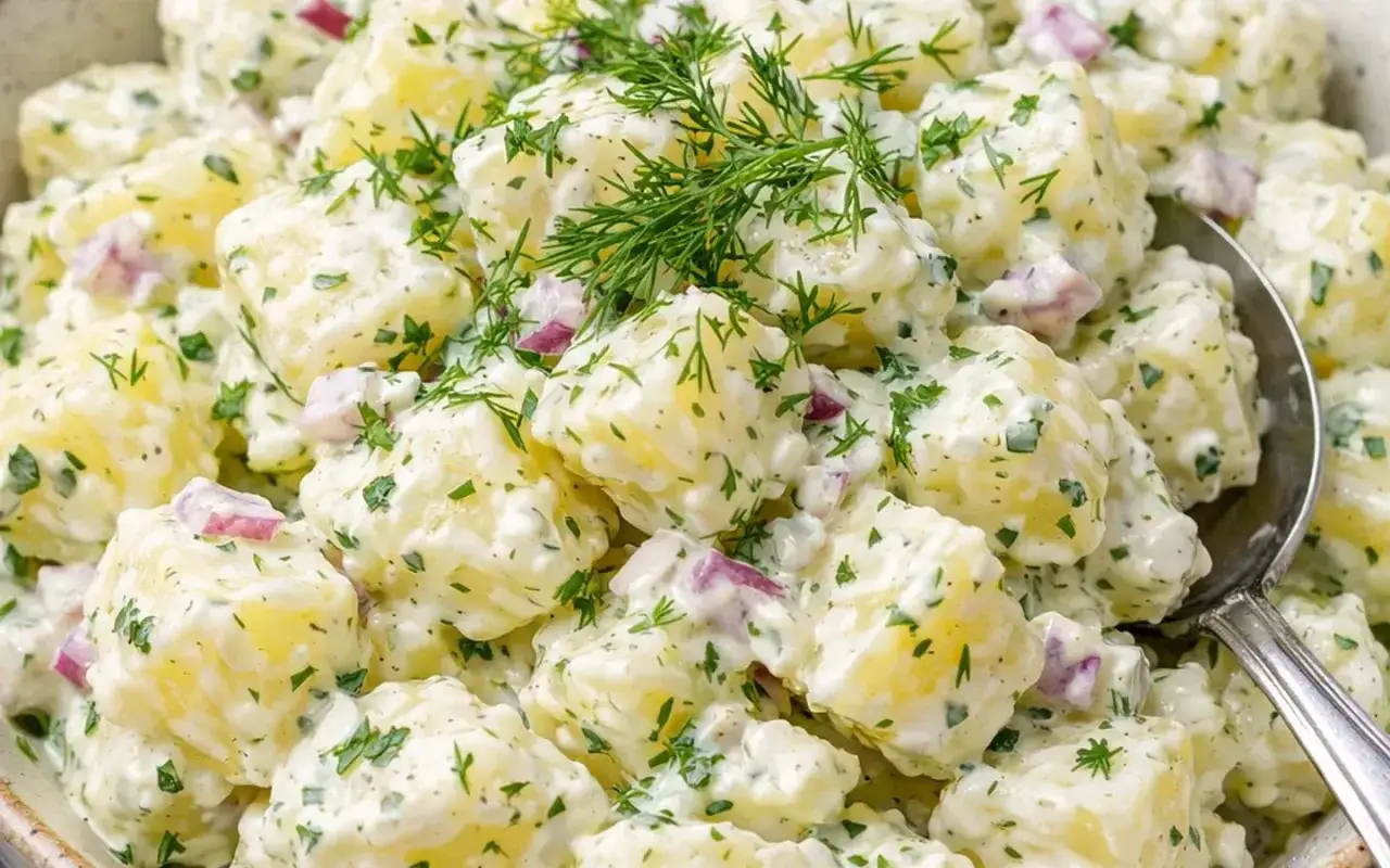 Krämig potatissallad med dill och rödlök, perfekt som tillbehör till grillat. Ett enkelt sallad recept för alla tillfällen.