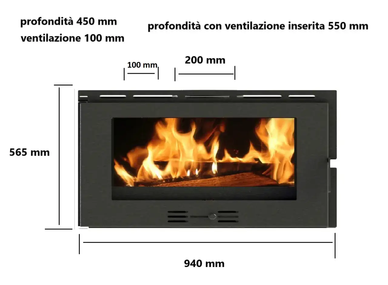Inserti per camino a legna con fiamme vive. Dimensioni: larghezza 940 mm, altezza 565 mm. Profondità 450 mm, con ventilazione 550 mm. Massima potenza e calore.