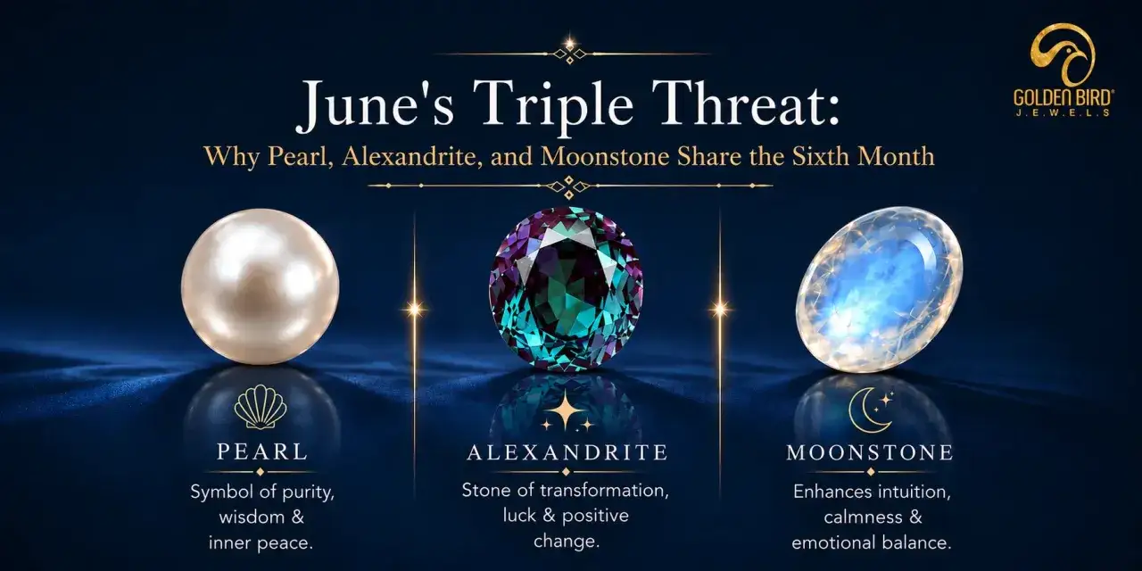 June 30th birthstone options: Pearl, Alexandrite, and Moonstone, each with unique symbolism.