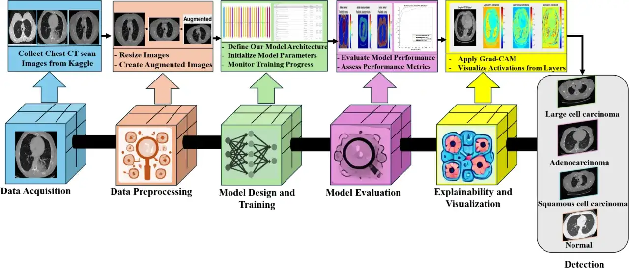 Schema zur Erkennung von Lungenkarzinomen: Datenerfassung, Vorverarbeitung, Modelltraining, -bewertung und Visualisierung zur Identifizierung von Lungen-Tumoren.