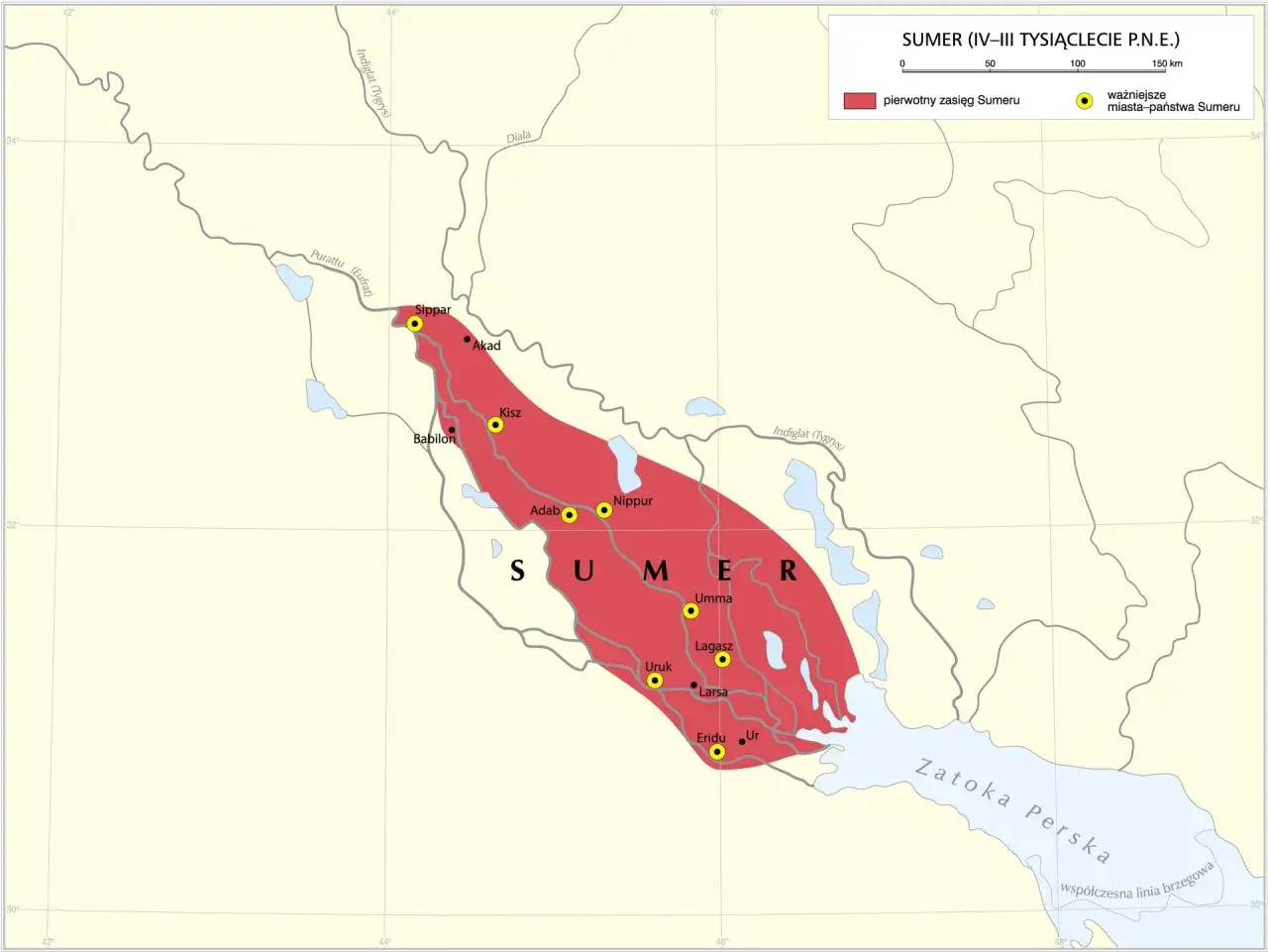 Mapa Mezopotamii z IV-III tysiąclecia p.n.e. pokazuje, kiedy powstała pierwsza cywilizacja Sumeru, z zaznaczonymi miastami-państwami.