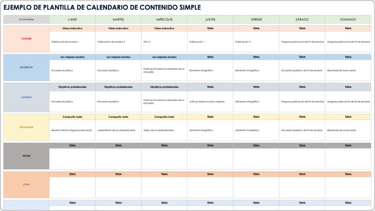 Plantilla de calendario de publicaciones en redes sociales con contenido para YouTube, Facebook, LinkedIn, Instagram y TikTok.
