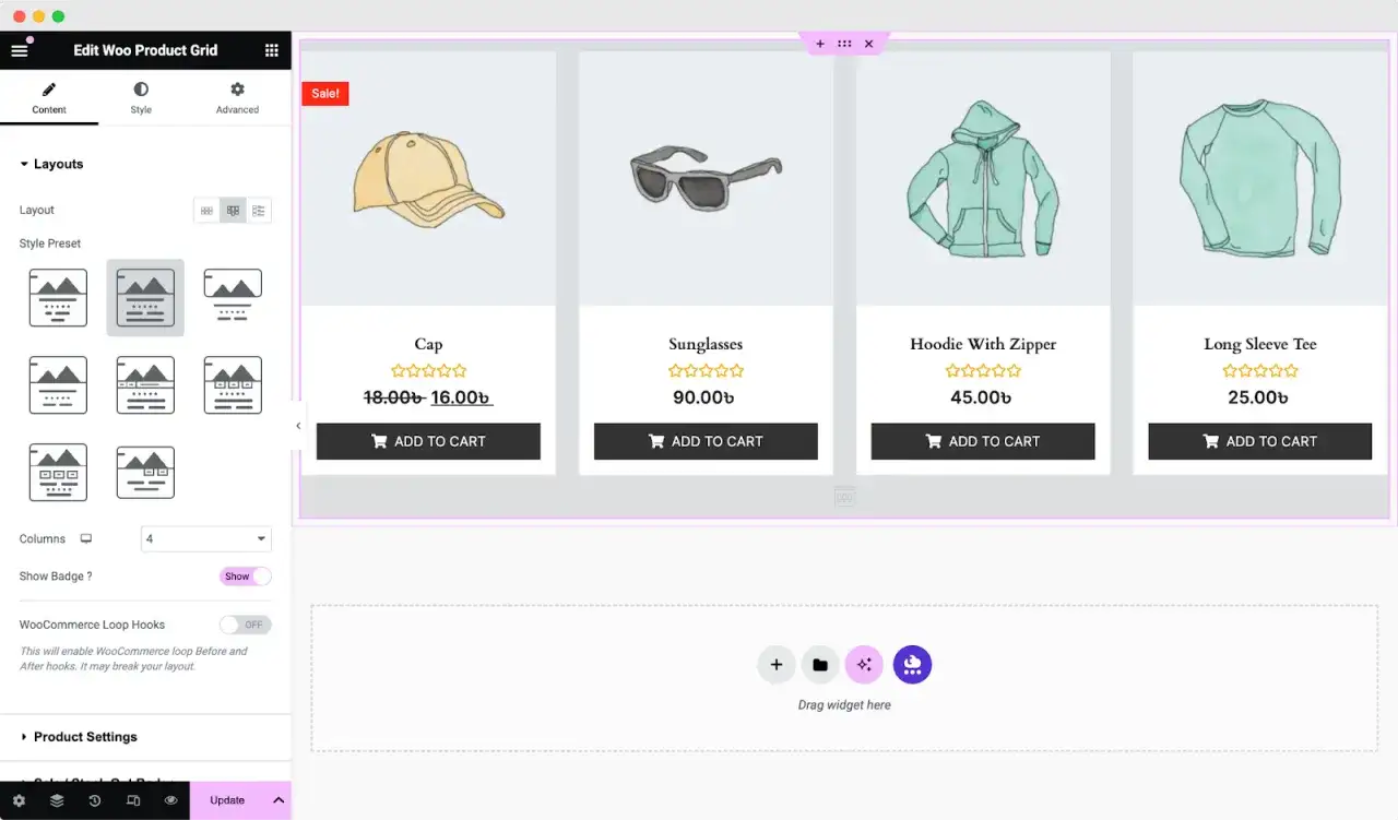 Ustawienia WooCommerce: ilość produktów na stronie. Widok siatki z czapką, okularami, bluzą i koszulką.