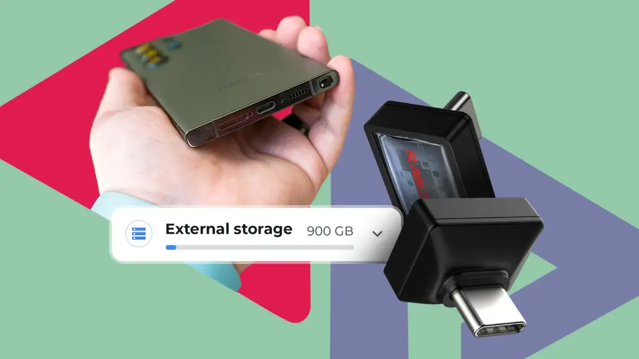 Come fare backup foto Android: smartphone Samsung e adattatore USB-C per archiviazione esterna da 900 GB.
