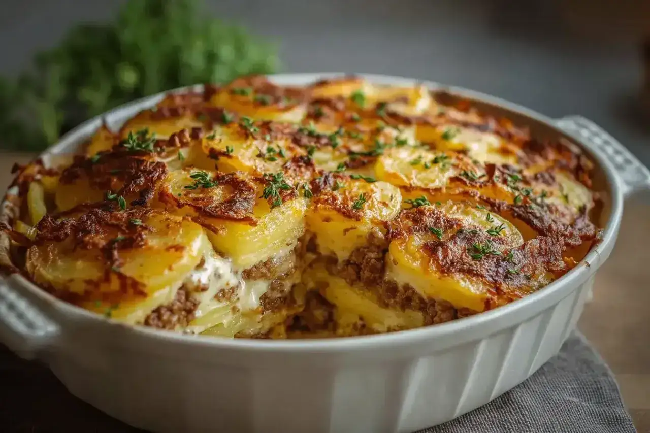 Herzhafter Kartoffelauflauf mit Hackfleisch, goldbraun gebacken und mit frischen Kr&auml;utern garniert. Ein Klassiker, der immer schmeckt.