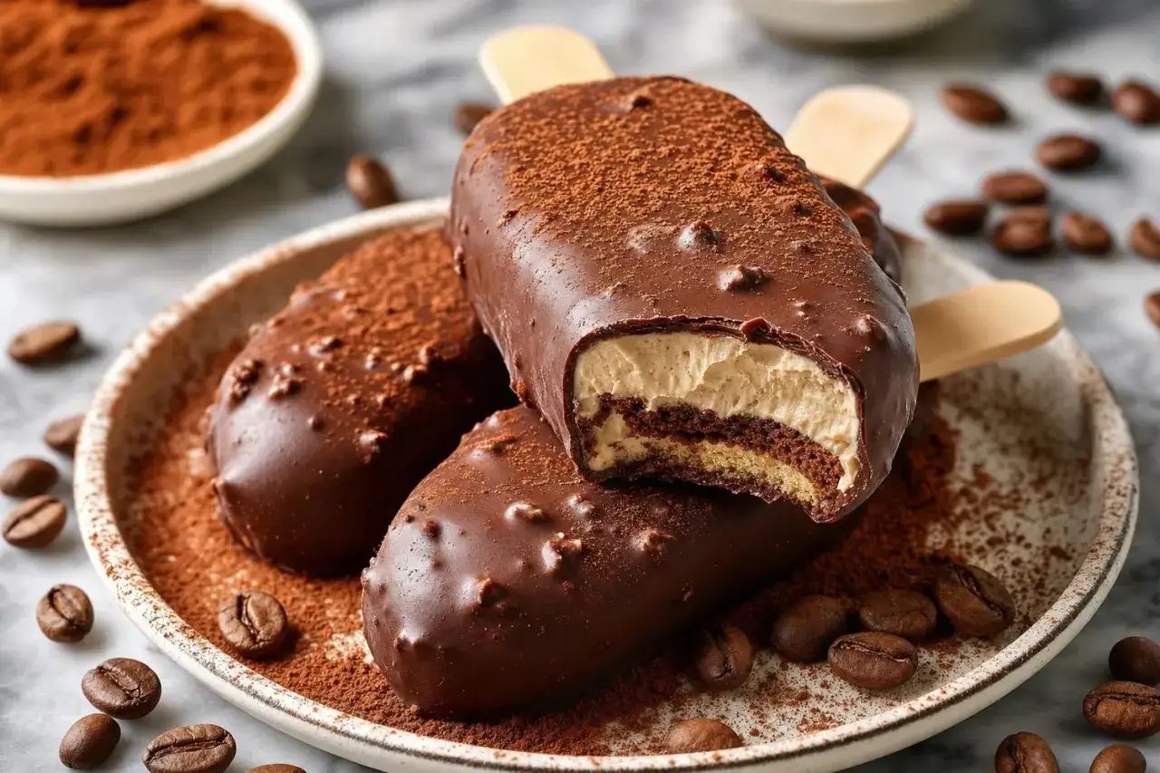 Trois d&eacute;licieux tiramisus glac&eacute;s enrob&eacute;s de chocolat, saupoudr&eacute;s de cacao et de grains de caf&eacute;.