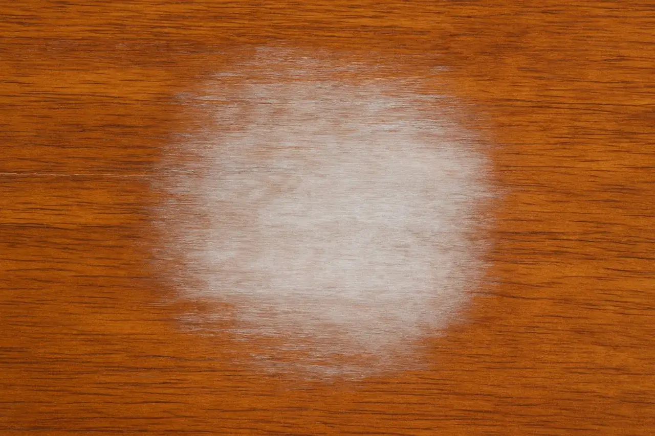 Une tache de chaleur blanche et diffuse sur une surface en bois verni.
