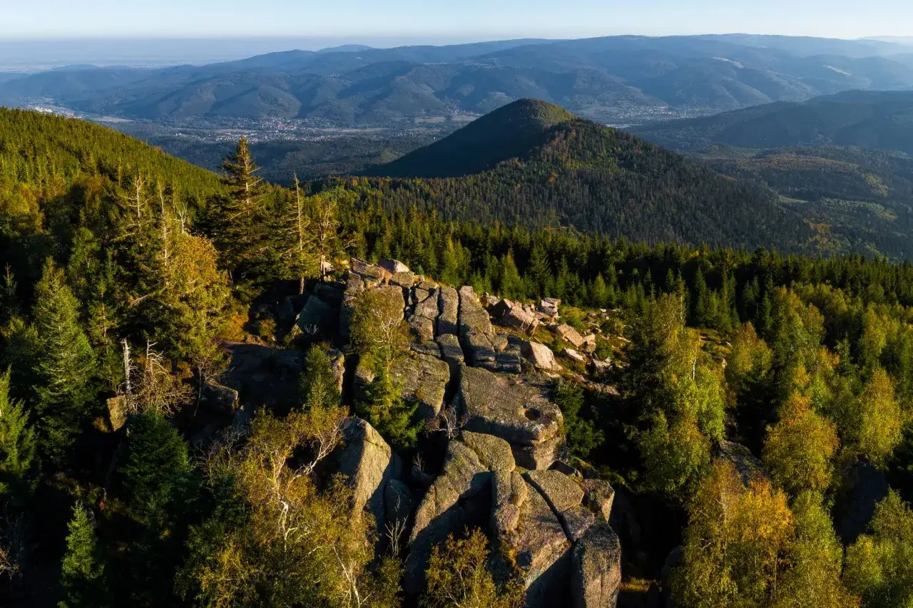 Vue panoramique depuis le rocher de Mutzig, avec des for&ecirc;ts denses et des montagnes ondulantes &agrave; l'horizon.