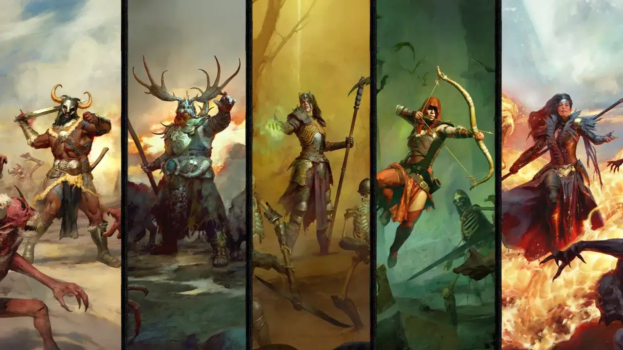 Cinco guerreros, un bárbaro, un druida, una hechicera, una arquera y una maga, luchan contra demonios y esqueletos. Guía Diablo 4.