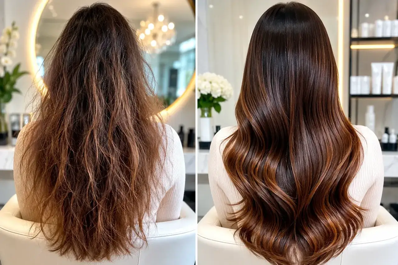 F&ouml;re och efterbild p&aring; h&aring;r som f&aring;tt en hair botox-behandling. Fr&aring;n torrt och frissigt till glansigt och mjukt.