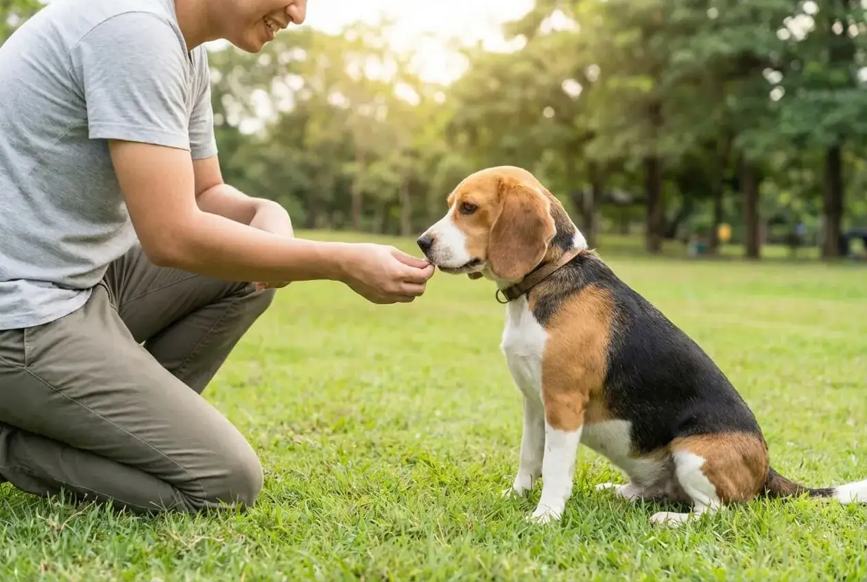 Un homme donne une friandise à son beagle dans un parc. L'âge auquel un beagle se calme varie, mais l'entraînement et la patience aident.