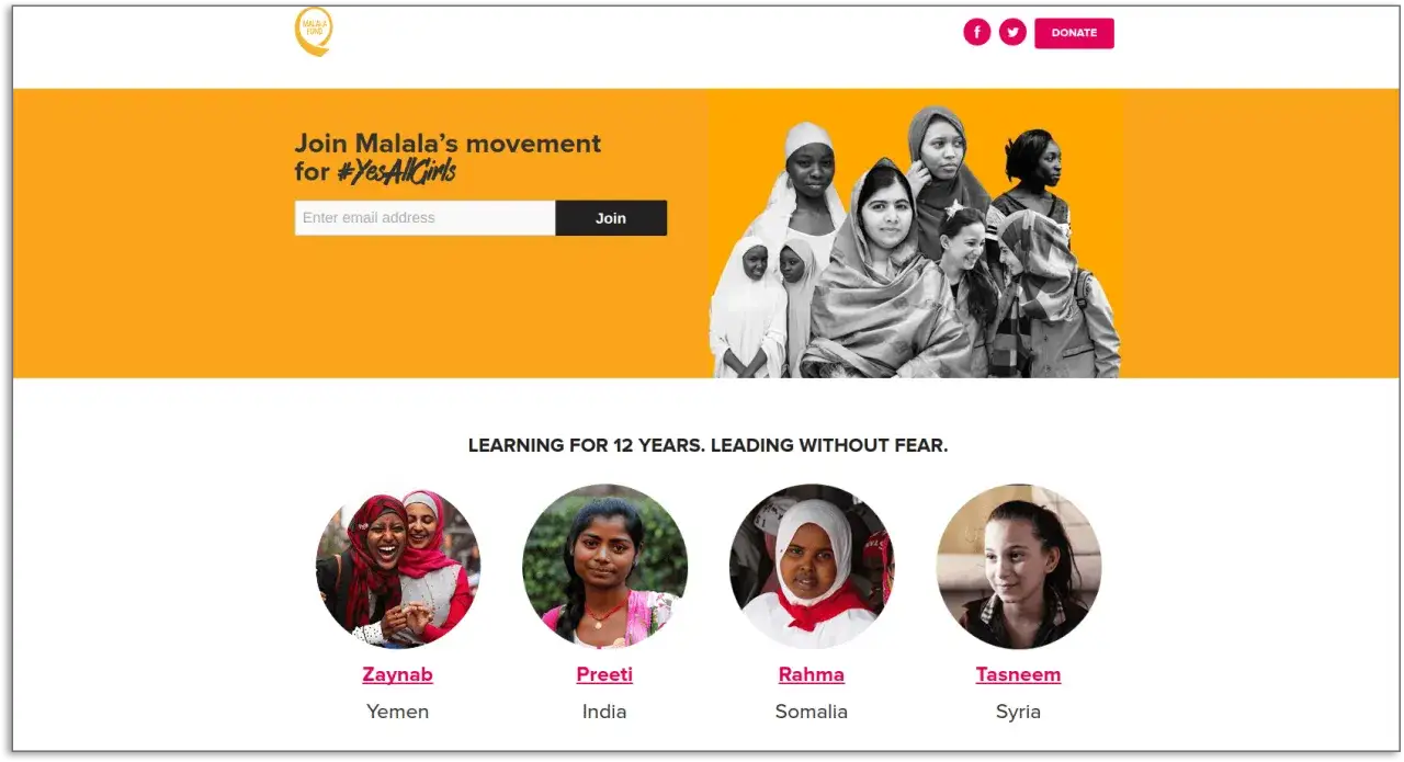 Malala Fund website design: Join the movement for #YesAllGirls. Features inspiring stories of girls like Zaynab, Preeti, Rahma, and Tasneem.