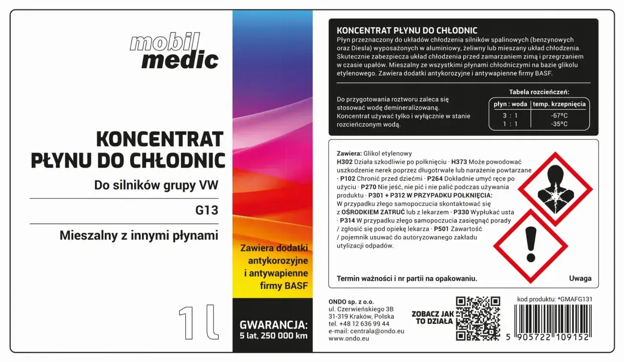 Koncentrat płynu do chłodnic G13. Nie można wlać sam koncentrat do chłodnicy, wymaga rozcieńczenia wodą.