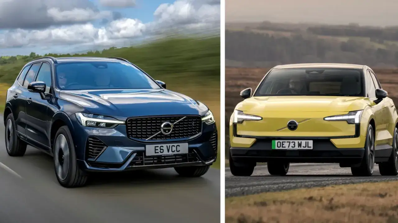 Två Volvo-bilar, en mörkblå SUV och en gul elbil, kör på vägar i olika landskap.