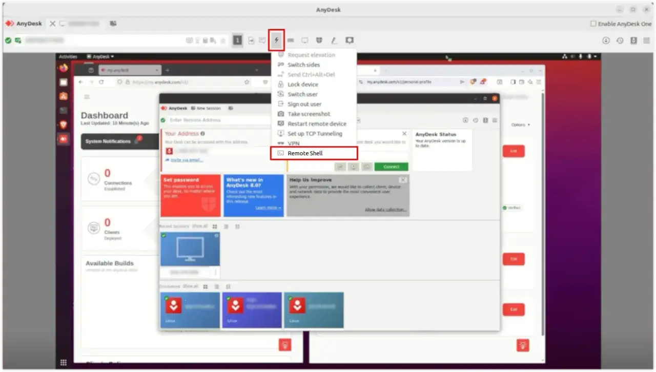 AnyDesk co to? Widok pokazuje menu z opcją 