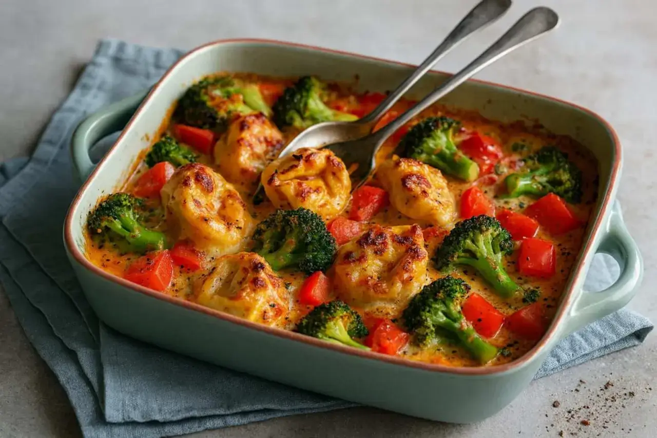 Ein k&ouml;stlicher Tortellini Auflauf mit Brokkoli und Tomaten in cremiger Sauce, &uuml;berbacken mit K&auml;se. Zwei L&ouml;ffel warten schon auf den ersten Bissen.