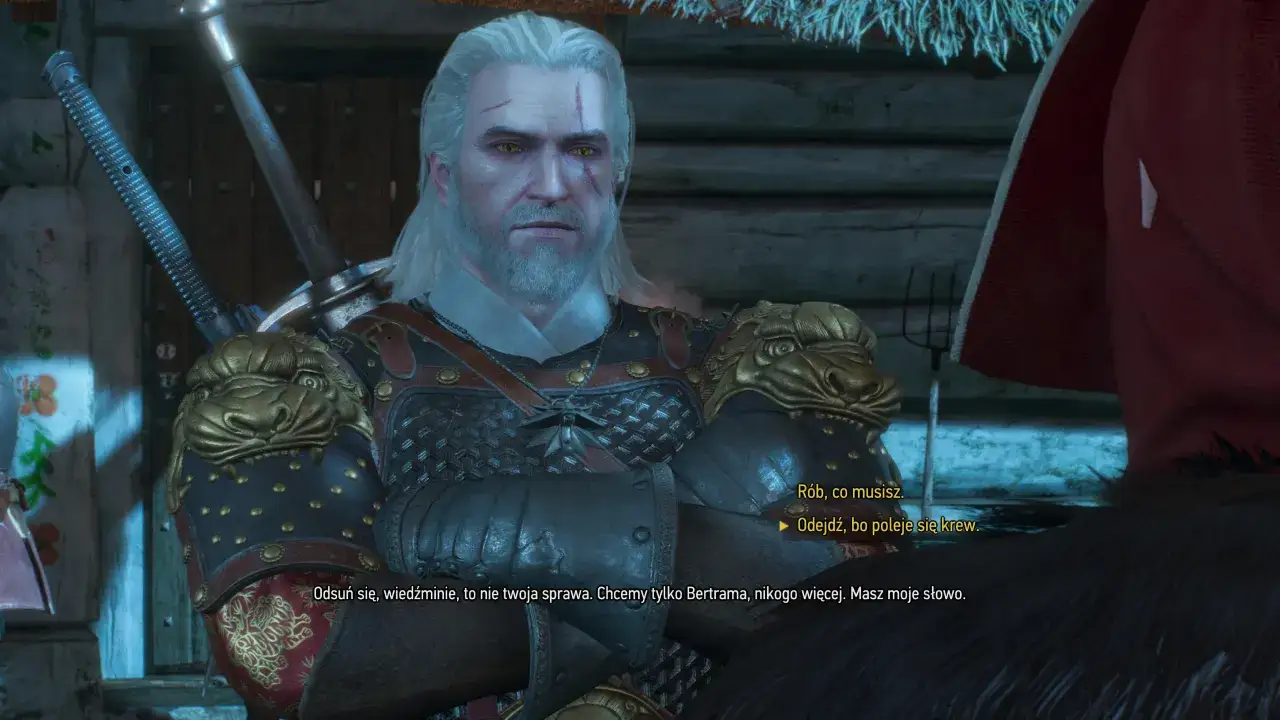Geralt z Rivii, wiedźmin z Wilczego rodu, w zbroi z lwimi zdobieniami, rozmawia z kimś w czerwonym płaszczu.
