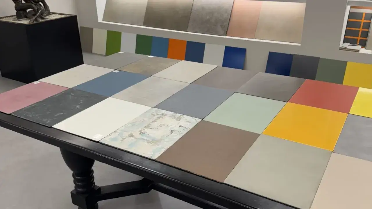 Tavolo con campioni di piastrelle per pavimenti in varie tonalità e texture, ideali per abbinamenti quando mancano le piastrelle del pavimento.