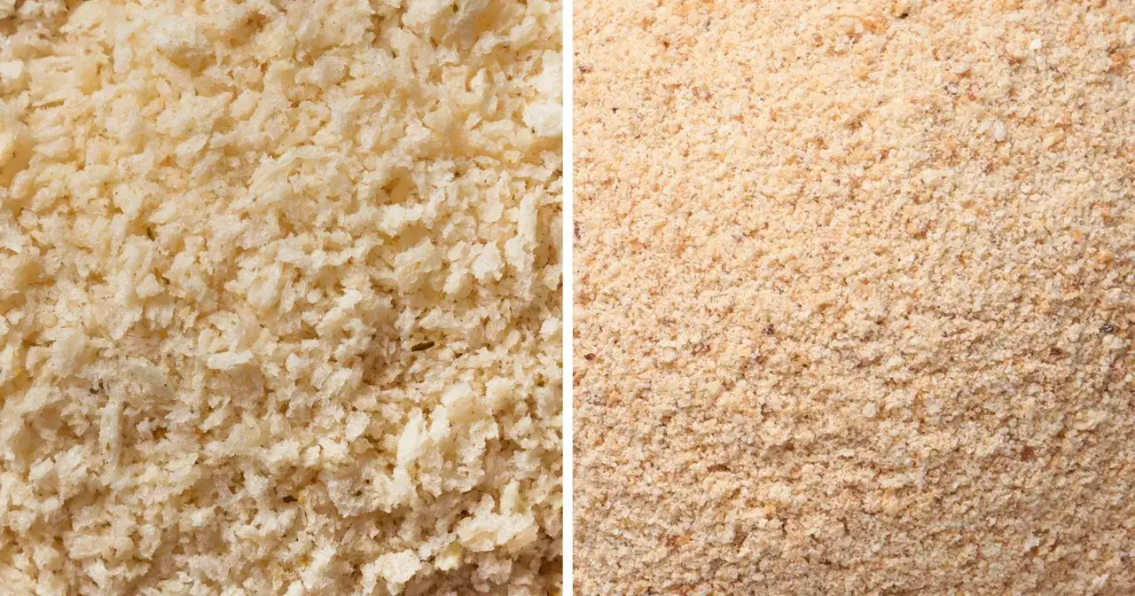 Panko co to? Po lewej puszyste, jasne bułki tarte panko, po prawej drobniejsze, ciemniejsze.