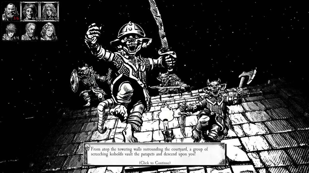 Groźne koboldy z toporami i mieczami atakują w tej grze typu dungeon crawler. Bohaterowie w lewym górnym rogu przygotowują się do walki.