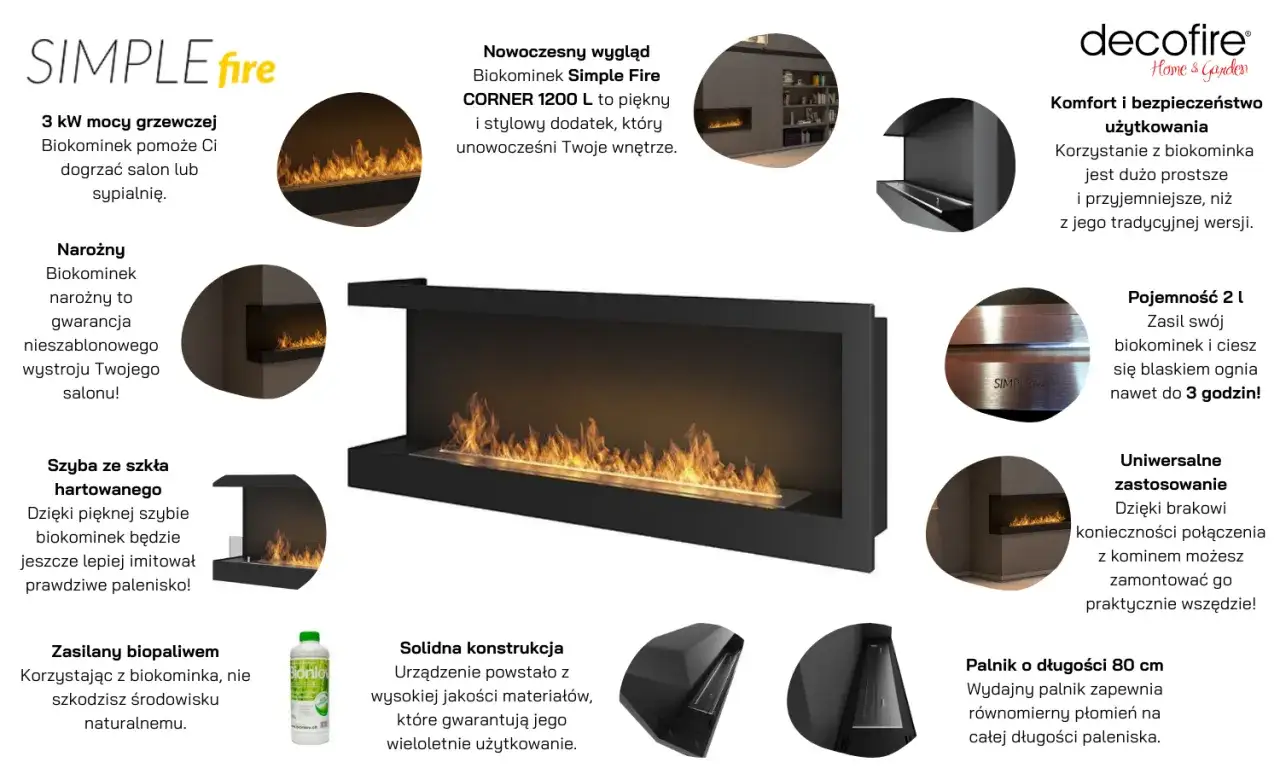 Nowoczesny biokominek Simple Fire z palnikiem na biopaliwo, oferujący komfort i bezpieczeństwo.
