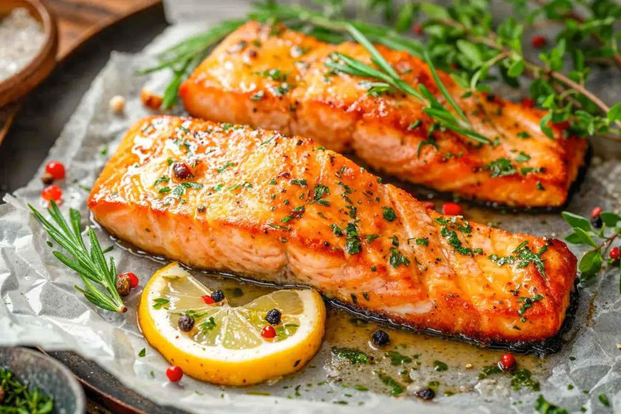 Dos jugosos filetes de salm&oacute;n al horno, dorados y con hierbas frescas, acompa&ntilde;ados de rodajas de lim&oacute;n y granos de pimienta.